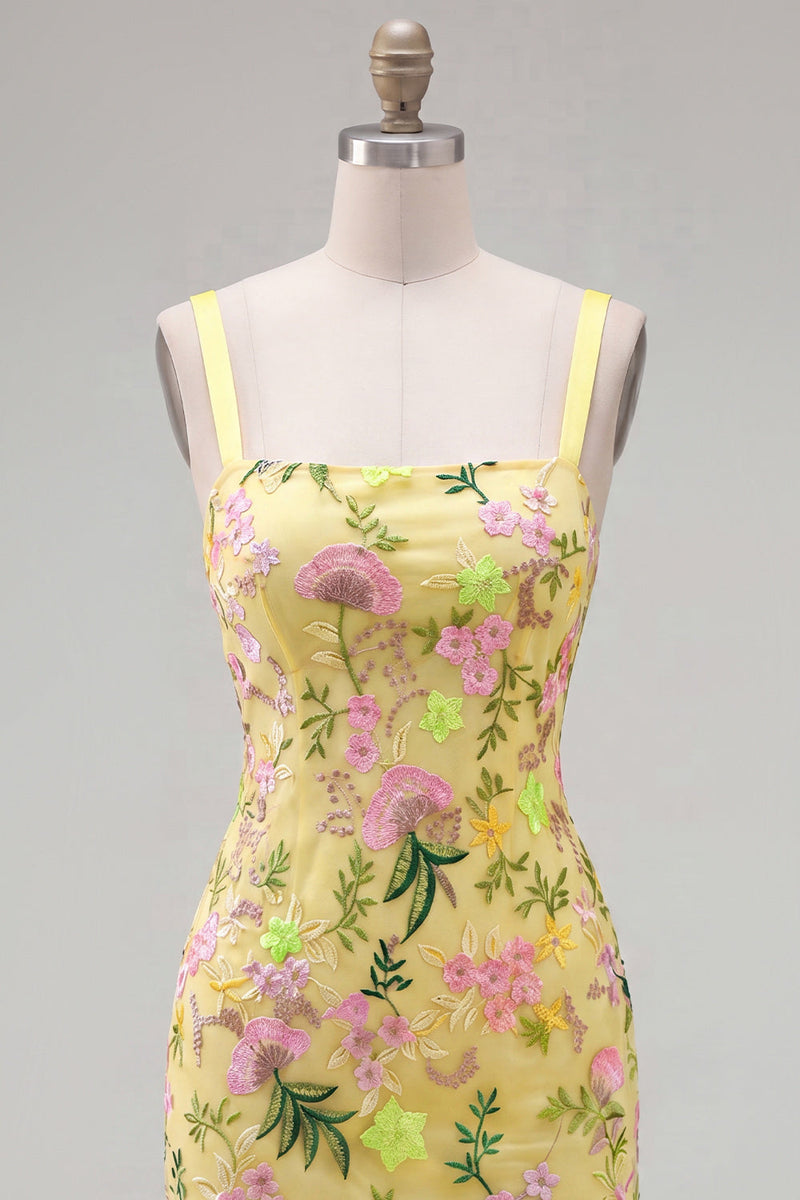 Load image into Gallery viewer, Floral Butter Yellow Tight Short Homecoming Dress with Ruffles