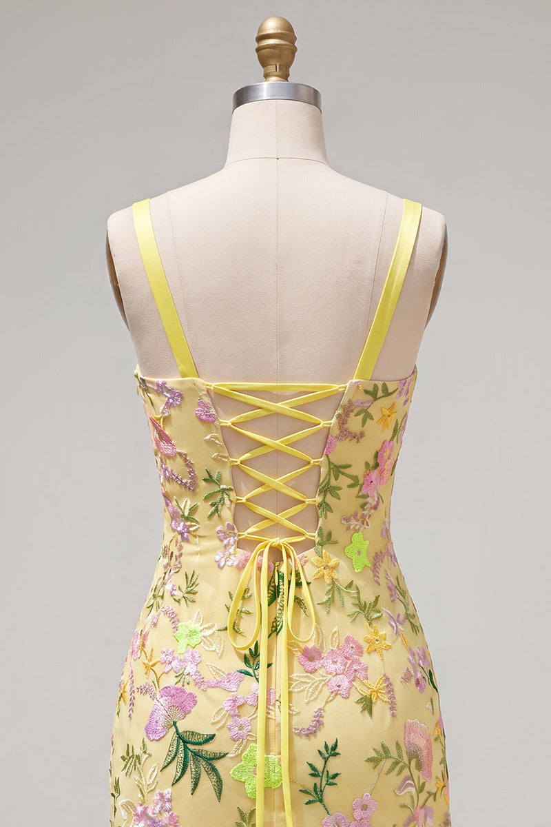 Load image into Gallery viewer, Floral Butter Yellow Tight Short Homecoming Dress with Ruffles