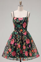 Load image into Gallery viewer, Black Red Flower A Line Spaghetti Straps Short Homecoming Dress
