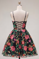Load image into Gallery viewer, Black Red Flower A Line Spaghetti Straps Short Homecoming Dress