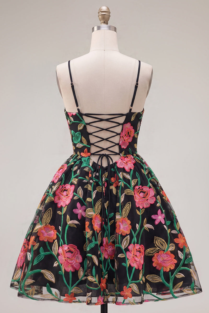 Load image into Gallery viewer, Black Red Flower A Line Spaghetti Straps Short Homecoming Dress