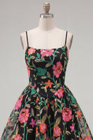 Load image into Gallery viewer, Black Red Flower A Line Spaghetti Straps Short Homecoming Dress