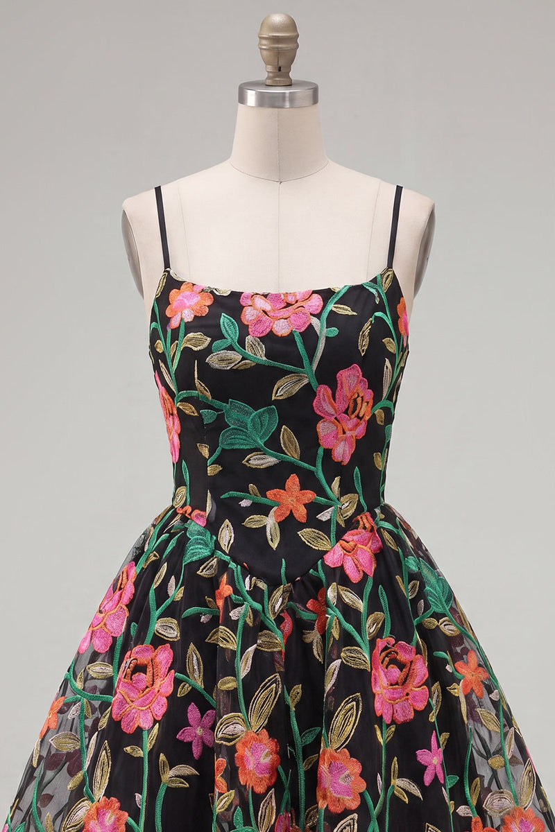 Load image into Gallery viewer, Black Red Flower A Line Spaghetti Straps Short Homecoming Dress