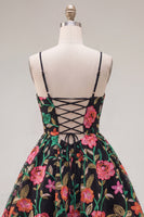 Load image into Gallery viewer, Black Red Flower A Line Spaghetti Straps Short Homecoming Dress