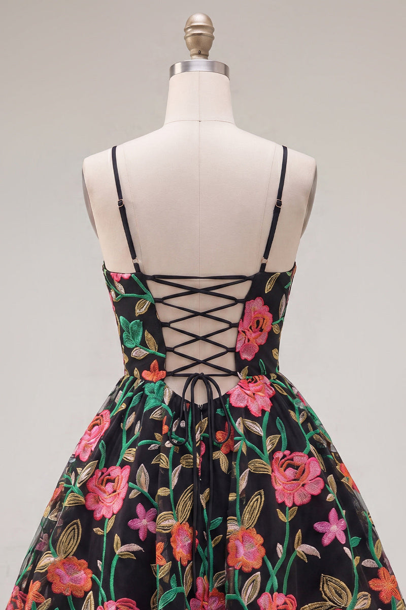 Load image into Gallery viewer, Black Red Flower A Line Spaghetti Straps Short Homecoming Dress