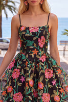 Load image into Gallery viewer, Black Red Flower A Line Spaghetti Straps Short Homecoming Dress