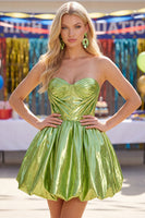 Load image into Gallery viewer, Yellow Metallic Ruched Sweetheart A-Line Short 80s Homecoming Dress
