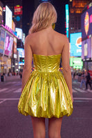 Load image into Gallery viewer, Yellow Metallic Ruched Sweetheart A-Line Short 80s Homecoming Dress