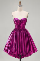 Load image into Gallery viewer, Fuchsia Ruched High-Low Metallic 80s Homecoming Dress with Pockets