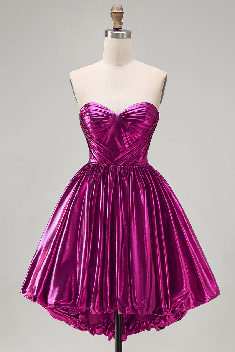 Load image into Gallery viewer, Fuchsia Ruched High-Low Metallic 80s Homecoming Dress with Pockets