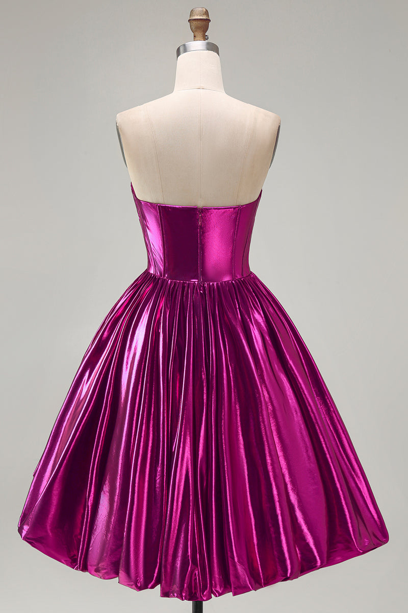 Load image into Gallery viewer, Fuchsia Ruched High-Low Metallic 80s Homecoming Dress with Pockets