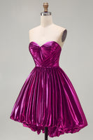 Load image into Gallery viewer, Fuchsia Ruched High-Low Metallic 80s Homecoming Dress with Pockets