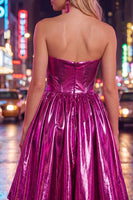 Load image into Gallery viewer, Fuchsia Ruched High-Low Metallic 80s Homecoming Dress with Pockets