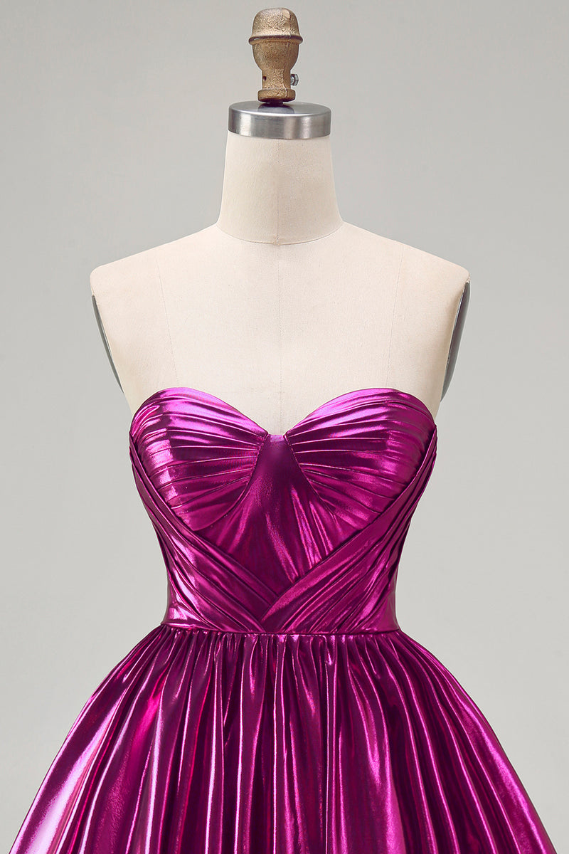 Load image into Gallery viewer, Fuchsia Ruched High-Low Metallic 80s Homecoming Dress with Pockets