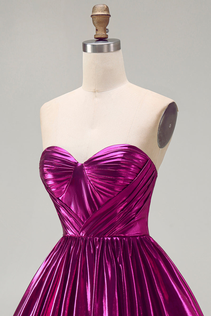 Load image into Gallery viewer, Fuchsia Ruched High-Low Metallic 80s Homecoming Dress with Pockets