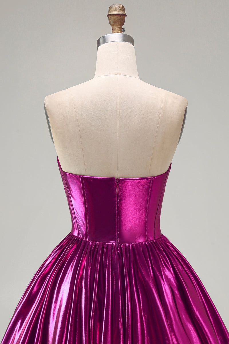 Load image into Gallery viewer, Fuchsia Ruched High-Low Metallic 80s Homecoming Dress with Pockets