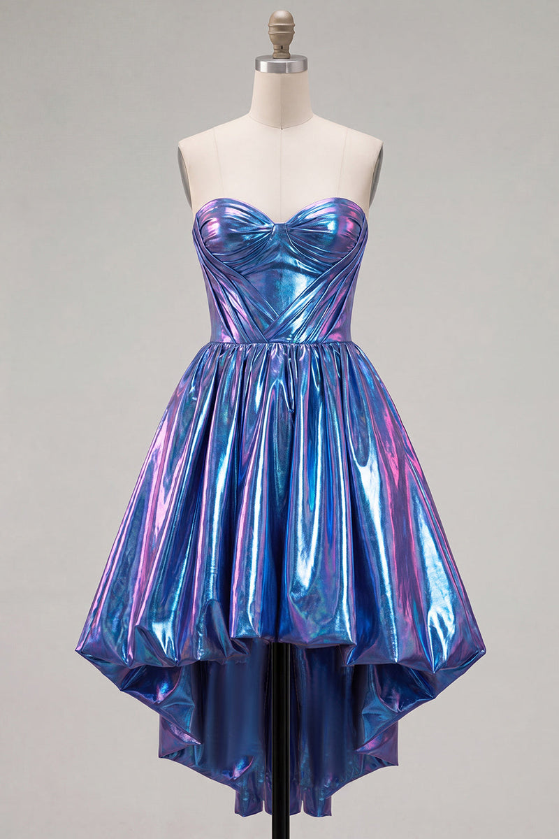 Load image into Gallery viewer, Fuchsia Ruched High-Low Metallic 80s Homecoming Dress with Pockets