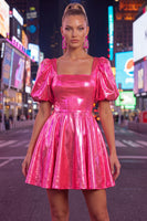 Load image into Gallery viewer, Hot Pink Metallic A-Line Short 80s Homecoming Dress with Sleeves
