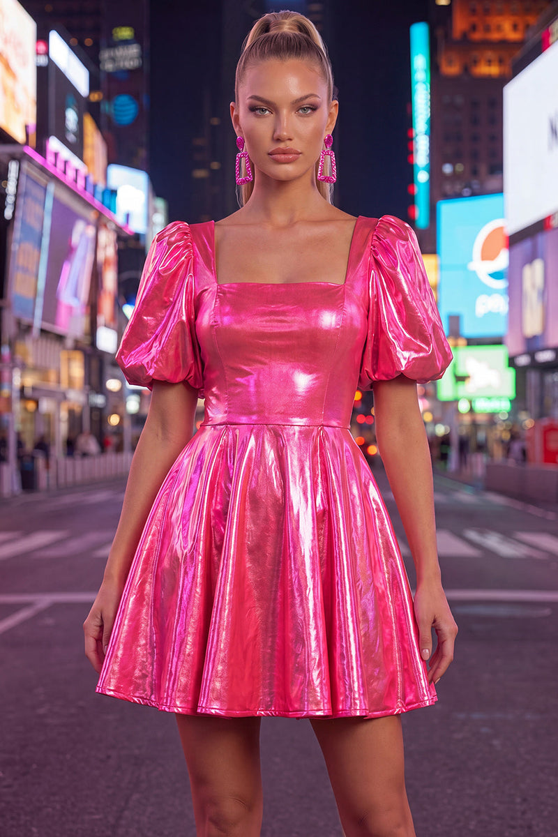 Load image into Gallery viewer, Hot Pink Metallic A-Line Short 80s Homecoming Dress with Sleeves