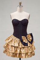 Load image into Gallery viewer, Black Golden Metallic Ruffled Corset A-Line Short 80s Homecoming Dress with Bow