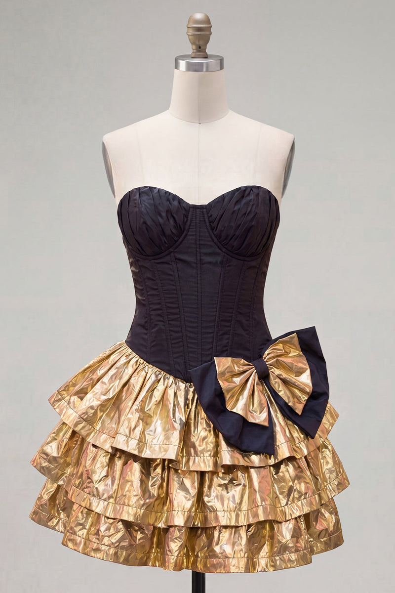 Load image into Gallery viewer, Black Golden Metallic Ruffled Corset A-Line Short 80s Homecoming Dress with Bow