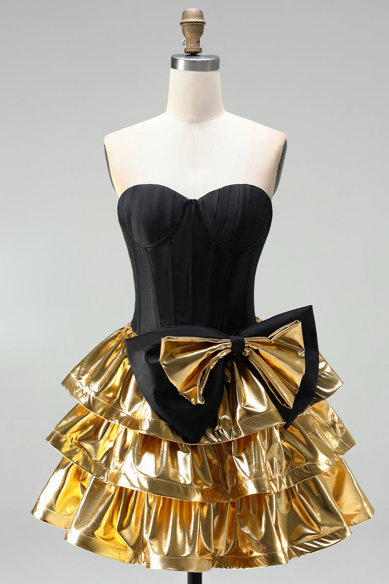 Load image into Gallery viewer, Black Golden Metallic Ruffled Corset A-Line Short 80s Homecoming Dress with Bow
