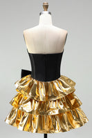 Load image into Gallery viewer, Black Golden Metallic Ruffled Corset A-Line Short 80s Homecoming Dress with Bow