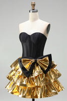 Load image into Gallery viewer, Black Golden Metallic Ruffled Corset A-Line Short 80s Homecoming Dress with Bow