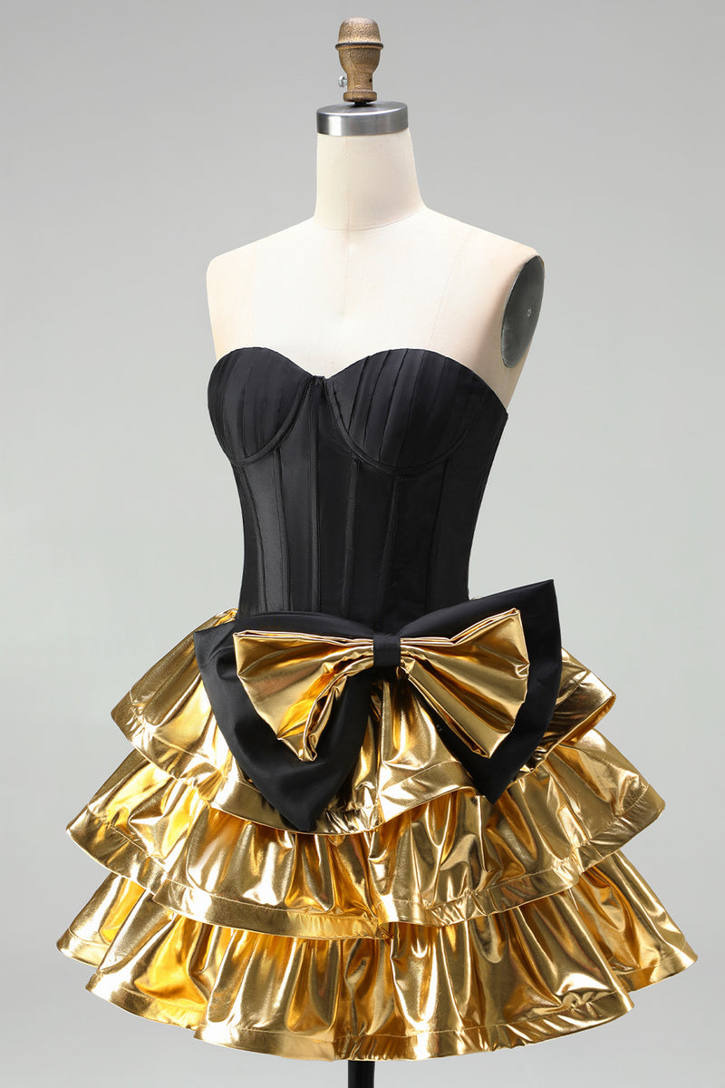 Load image into Gallery viewer, Black Golden Metallic Ruffled Corset A-Line Short 80s Homecoming Dress with Bow