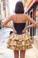 Load image into Gallery viewer, Black Golden Metallic Ruffled Corset A-Line Short 80s Homecoming Dress with Bow