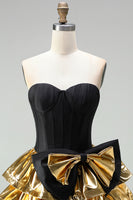 Load image into Gallery viewer, Black Golden Metallic Ruffled Corset A-Line Short 80s Homecoming Dress with Bow