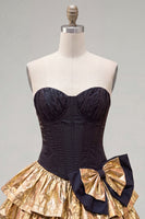 Load image into Gallery viewer, Black Golden Metallic Ruffled Corset A-Line Short 80s Homecoming Dress with Bow