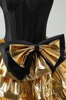 Load image into Gallery viewer, Black Golden Metallic Ruffled Corset A-Line Short 80s Homecoming Dress with Bow
