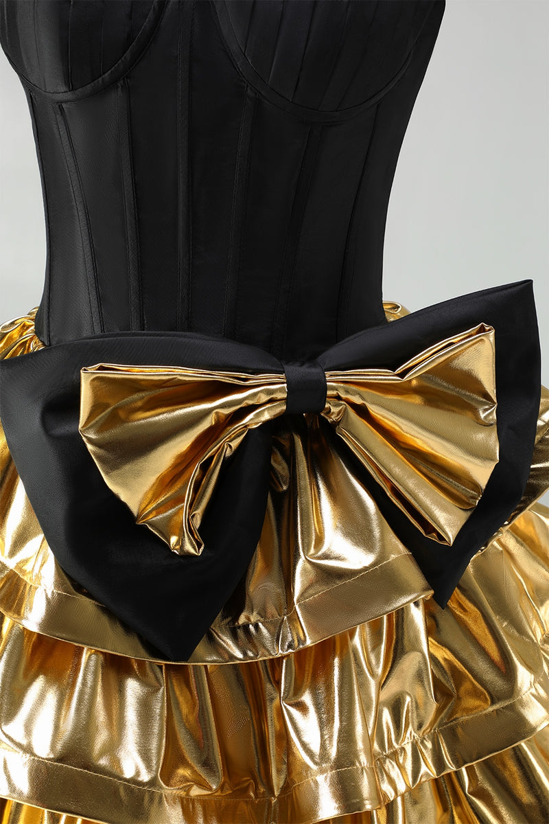 Load image into Gallery viewer, Black Golden Metallic Ruffled Corset A-Line Short 80s Homecoming Dress with Bow