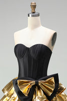 Load image into Gallery viewer, Black Golden Metallic Ruffled Corset A-Line Short 80s Homecoming Dress with Bow