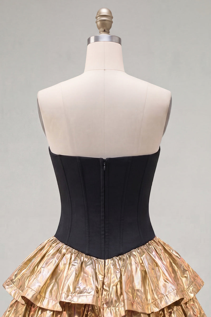 Load image into Gallery viewer, Black Golden Metallic Ruffled Corset A-Line Short 80s Homecoming Dress with Bow