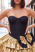 Load image into Gallery viewer, Black Golden Metallic Ruffled Corset A-Line Short 80s Homecoming Dress with Bow