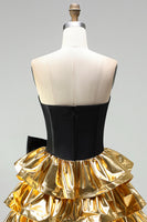Load image into Gallery viewer, Black Golden Metallic Ruffled Corset A-Line Short 80s Homecoming Dress with Bow