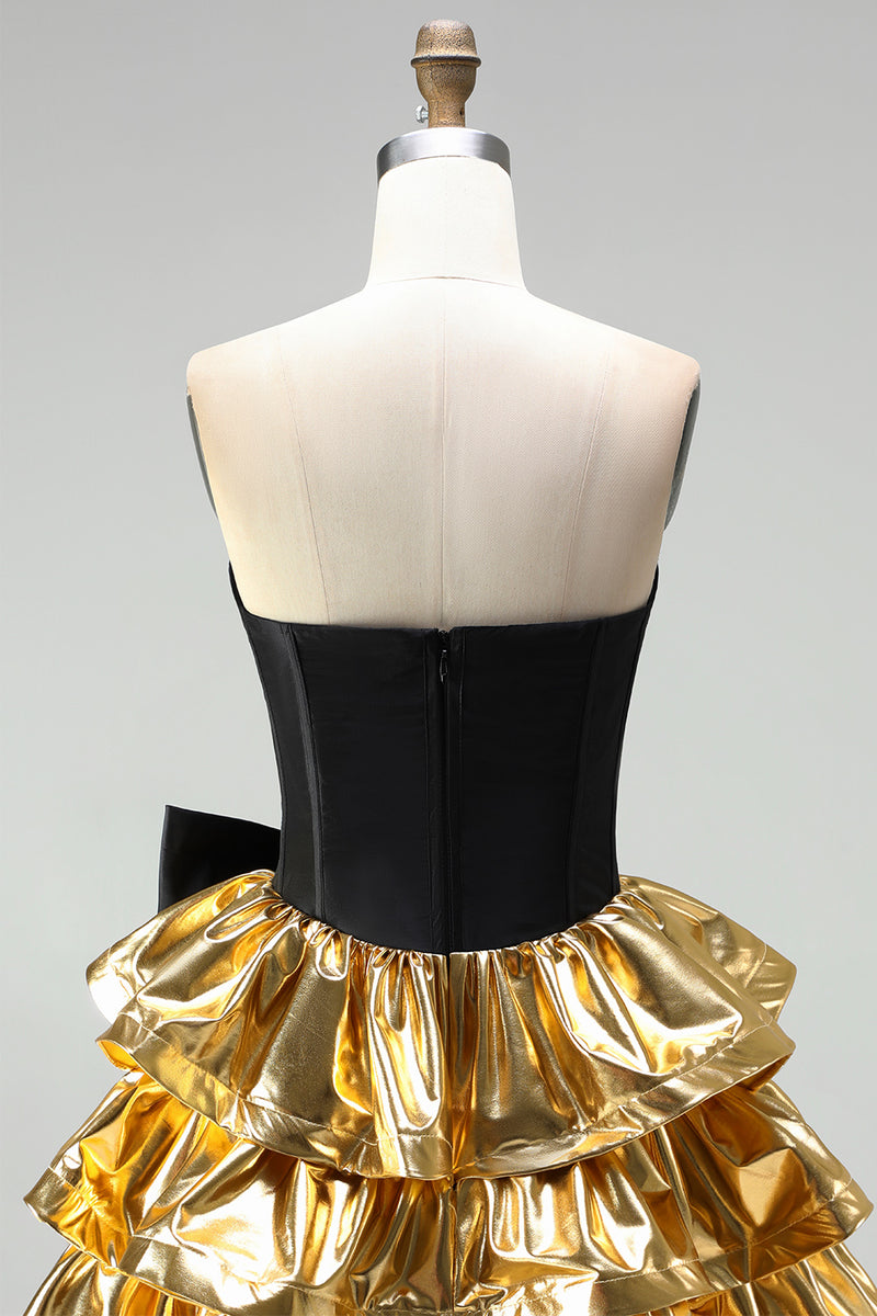 Load image into Gallery viewer, Black Golden Metallic Ruffled Corset A-Line Short 80s Homecoming Dress with Bow