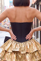 Load image into Gallery viewer, Black Golden Metallic Ruffled Corset A-Line Short 80s Homecoming Dress with Bow