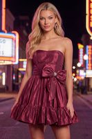 Load image into Gallery viewer, Burgundy Strapless Satin Short 80s Homecoming Dress with Bow