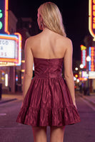 Load image into Gallery viewer, Burgundy Strapless Satin Short 80s Homecoming Dress with Bow