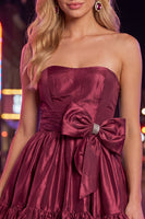 Load image into Gallery viewer, Burgundy Strapless Satin Short 80s Homecoming Dress with Bow