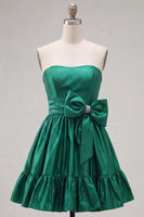 Load image into Gallery viewer, Burgundy Strapless Satin Short 80s Homecoming Dress with Bow