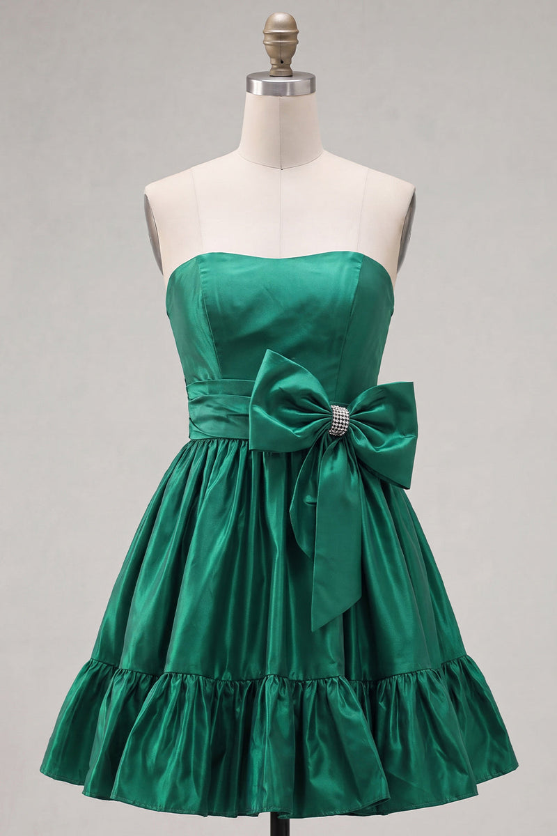 Load image into Gallery viewer, Burgundy Strapless Satin Short 80s Homecoming Dress with Bow
