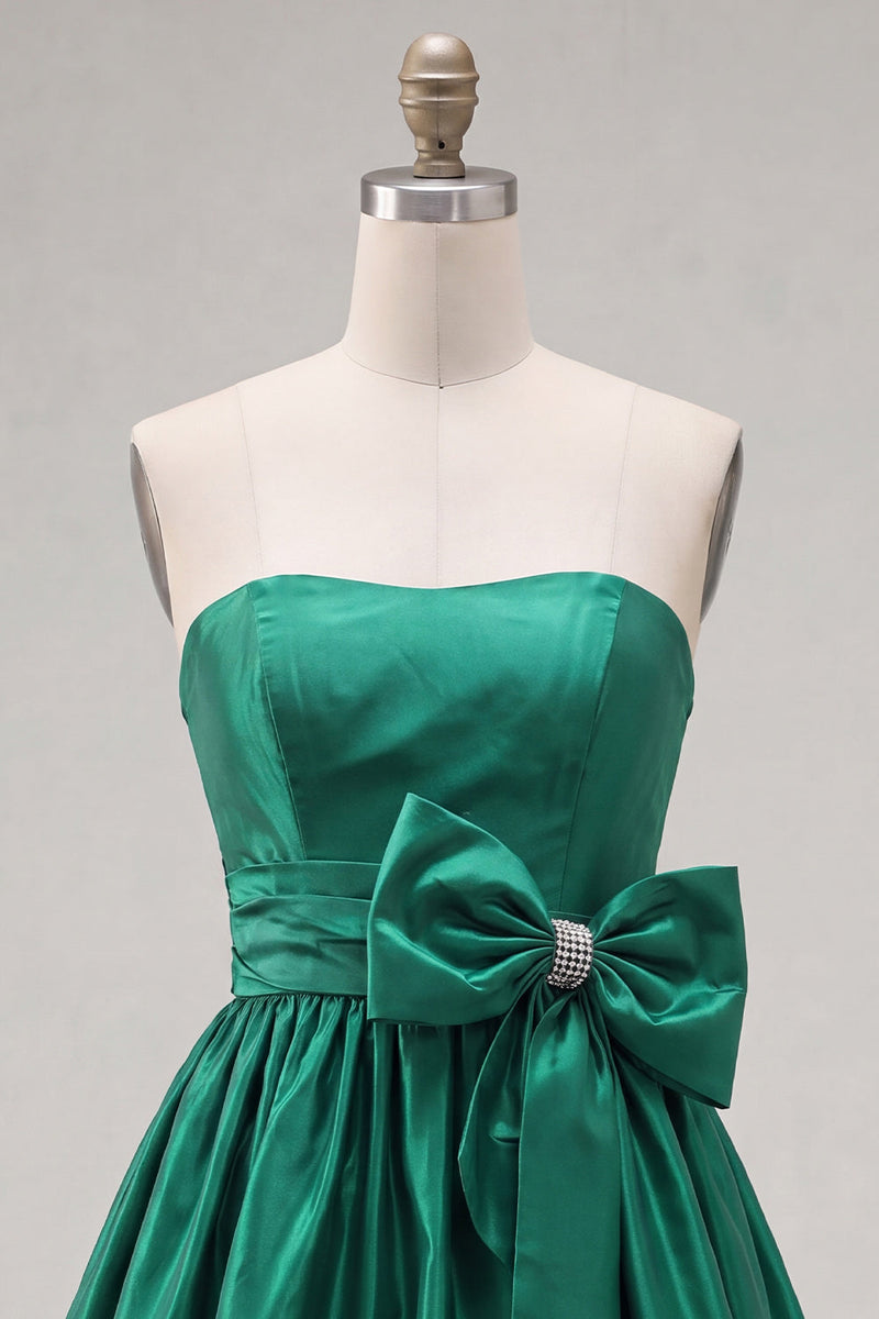 Load image into Gallery viewer, Burgundy Strapless Satin Short 80s Homecoming Dress with Bow