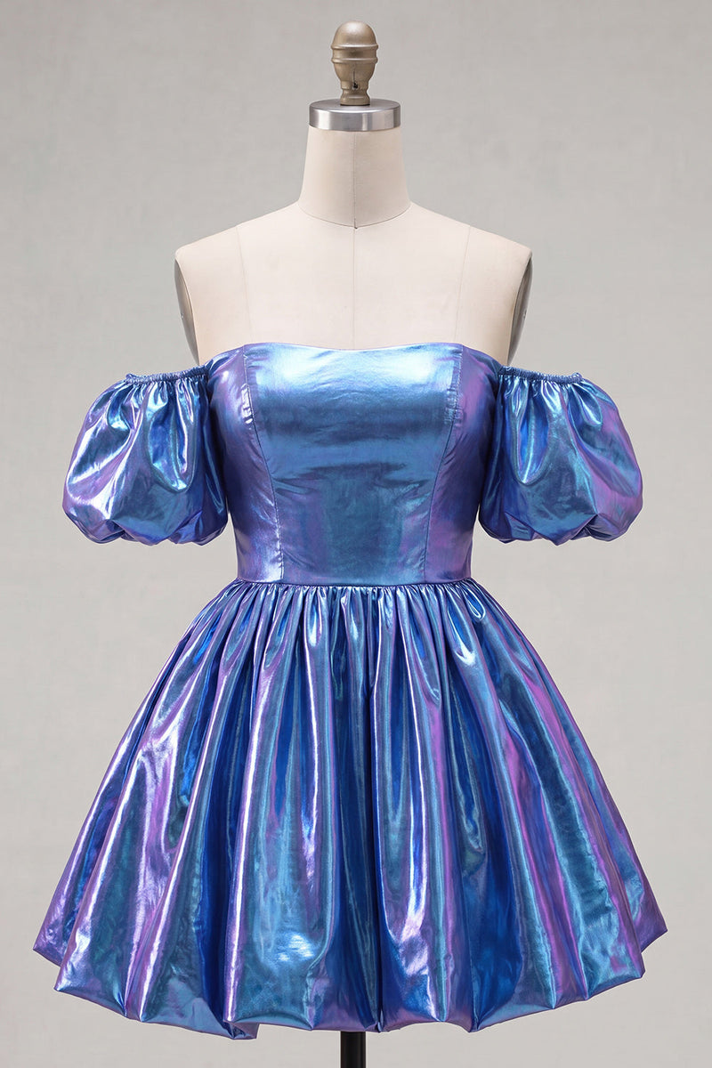 Load image into Gallery viewer, Fuchsia Metallic A-Line Short 80s Homecoming Dress with Sleeves