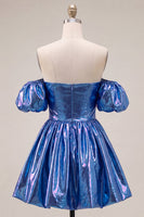 Load image into Gallery viewer, Fuchsia Metallic A-Line Short 80s Homecoming Dress with Sleeves