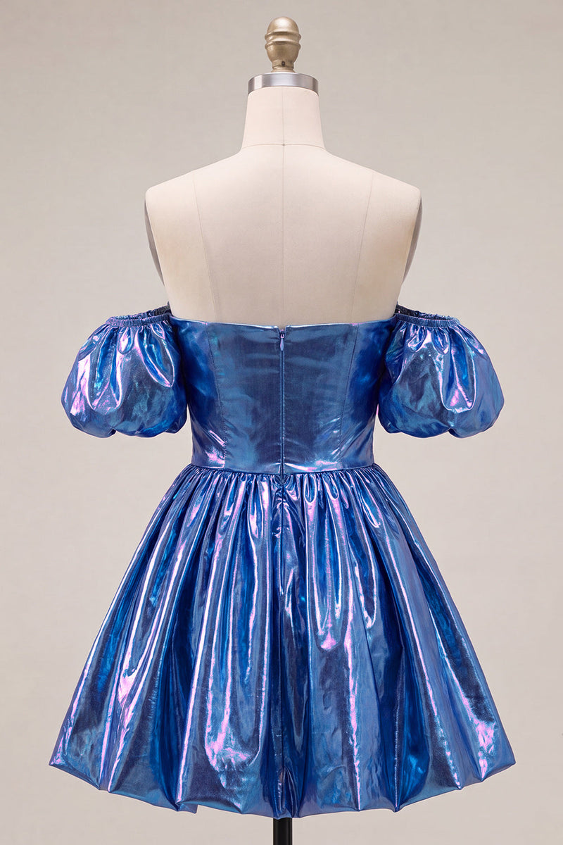 Load image into Gallery viewer, Fuchsia Metallic A-Line Short 80s Homecoming Dress with Sleeves