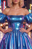 Load image into Gallery viewer, Fuchsia Metallic A-Line Short 80s Homecoming Dress with Sleeves